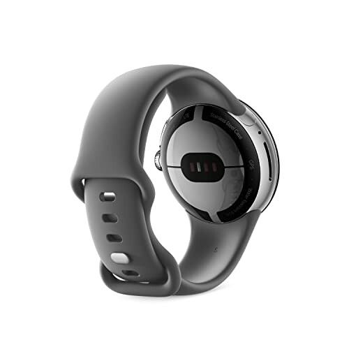 Smartwatch with gray band and heart rate sensor on the back.