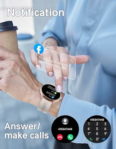 Person interacting with smartwatch, receiving a Facebook notification and call interface