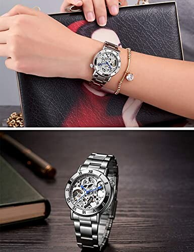 Person wearing a skeleton wristwatch with a metal band and holding a book.