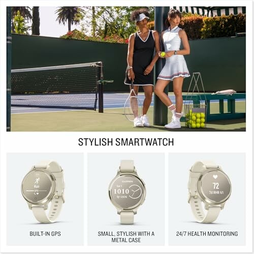 Two women on a tennis court with smartwatches, featuring GPS and health monitoring.