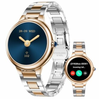 Elegant smartwatch with metallic strap showing time and incoming call.