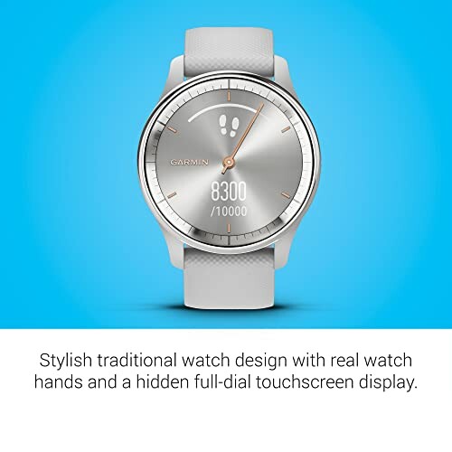 Stylish traditional watch with real hands and touchscreen display.