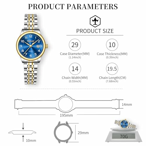 Watch with product parameters and dimensions