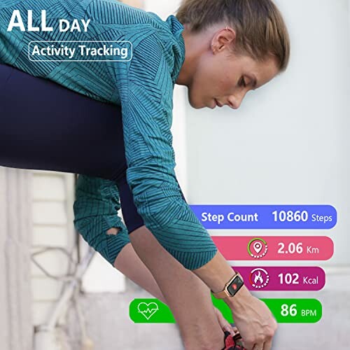 Woman checking fitness tracker displaying steps, distance, calories, and heart rate.