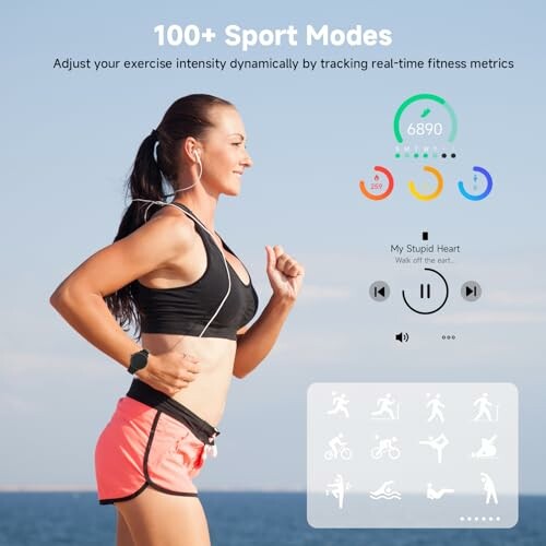 Woman jogging by the sea with fitness tracking interface and icons.