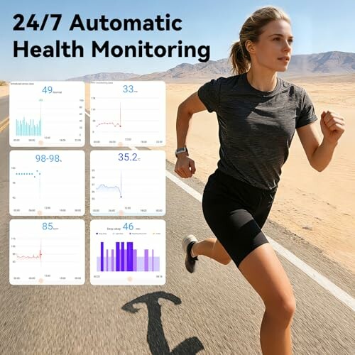 Woman running with health monitoring data displayed, demonstrating the Health Smart Bracelet's performance during activities.