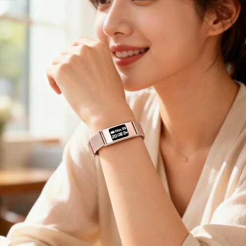 Woman smiling wearing a smartwatch