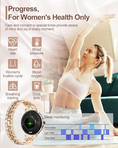 Woman exercising with health monitoring watch features displayed.