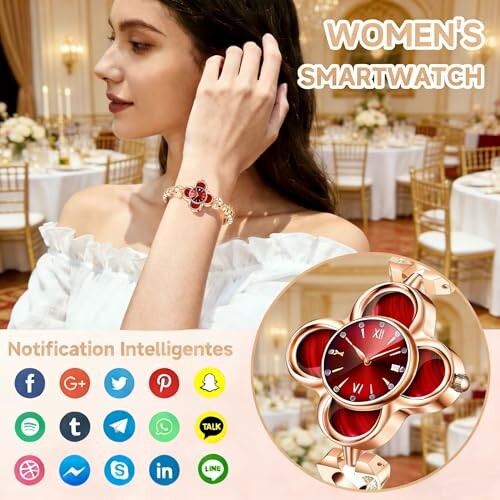 Woman wearing a stylish women's smartwatch with red and gold accents.