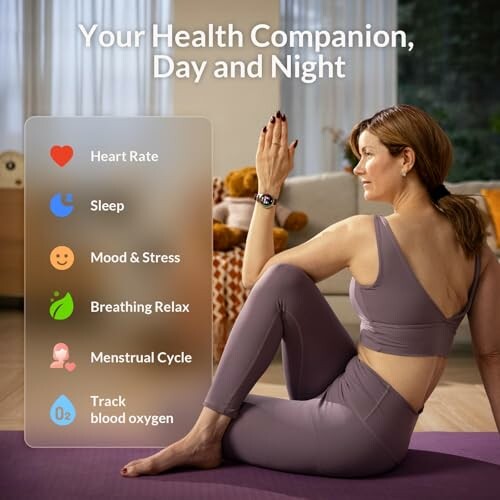 Woman practicing yoga with health tracking features displayed.